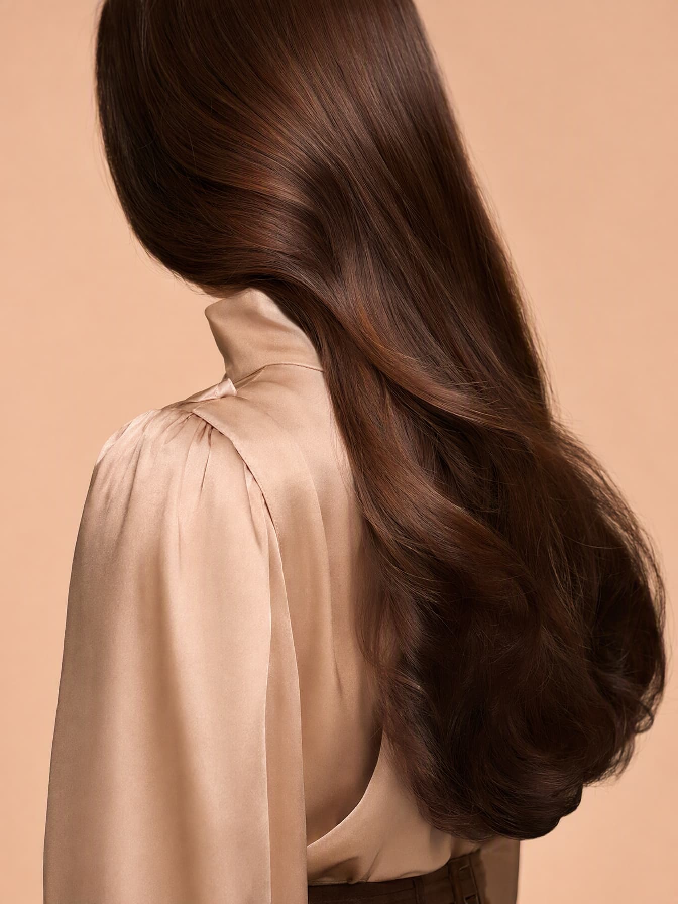 Model seen from behind, long brunette hair falling over an invisible weft track, nude studio backdrop