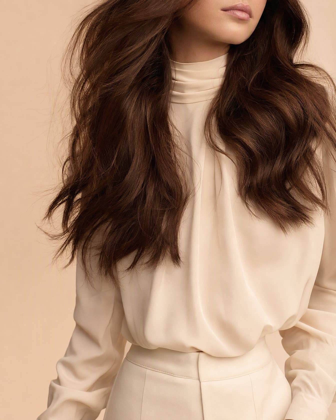 Hand-tied weft worn, dense glossy fall of hair in soft north light
