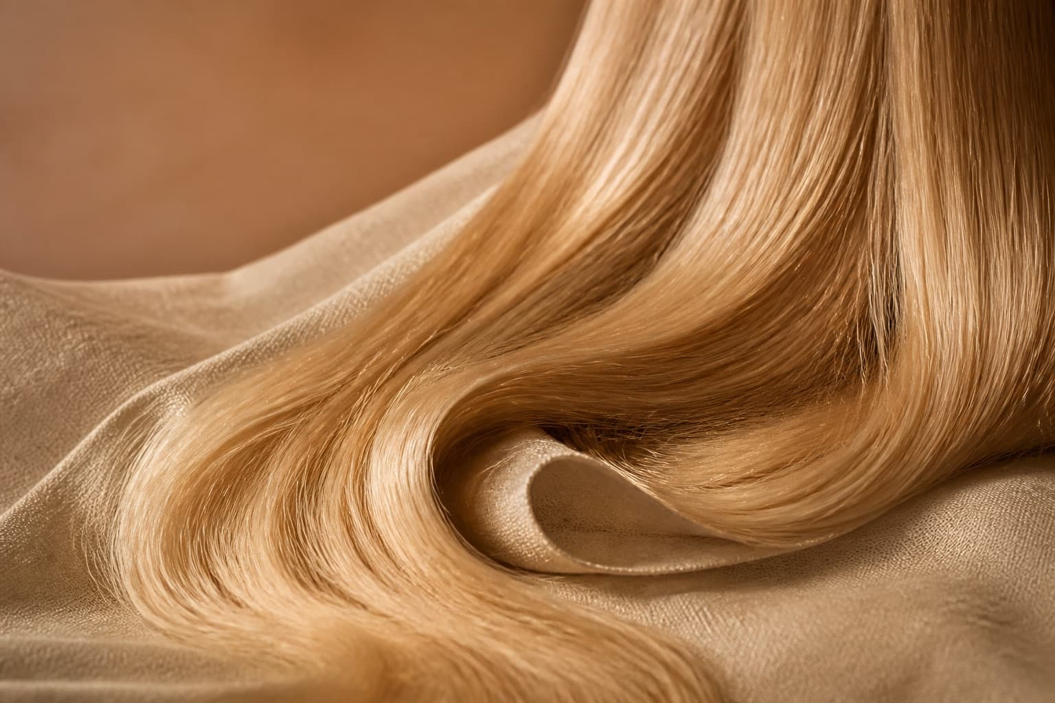 Glossy honey-blonde lengths on a nude studio ground